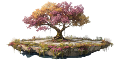 PNG of A tranquil fantasy scene featuring a majestic flowering tree with vibrant pink blossoms atop a floating island surrounded by flora.