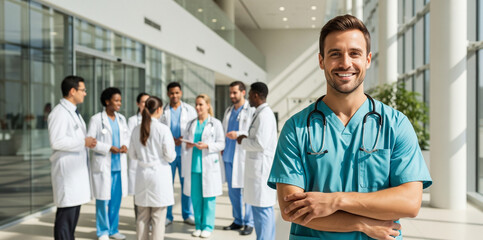 Commercial Photo of Smiling Doctor with Diverse Medical Team in Bright Modern Hospital for healthcare marketing, hospital advertising, medical campaign visuals, professional stock image, healthcare