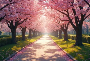 Fototapeta premium Tranquil Cherry Blossom Park Path Scenic Beauty Serene Nature Retreat Blooming Trees Peaceful Walkway
