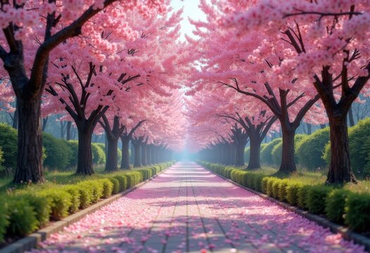 Tranquil Cherry Blossom Path Scenic Urban Oasis Serene Blossoming Lane Peaceful Spring Beauty Nature