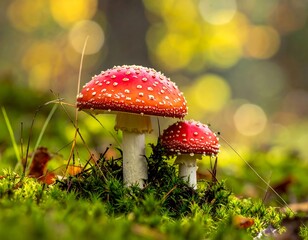 Two vibrant red mushrooms in a mossy forest floor