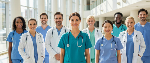 Commercial Photo of Smiling Doctor with Diverse Medical Team in Bright Modern Hospital for healthcare marketing, hospital advertising, medical campaign visuals, professional stock image, healthcare