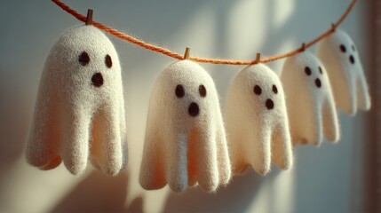 Cute Ghost Decorations Hanging on a String for a Whimsical Halloween Background