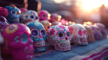 Vibrantly Decorated Sugar Skulls Lined Up with Warm Bokeh Lights