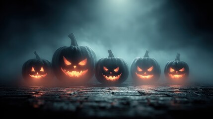 Spooky Halloween Background Featuring Glowing Jack-O'-Lanterns in Dark Foggy Atmosphere at Night