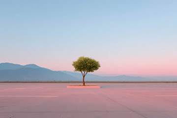 photorealistic ultraminimalist scene featuring wide open space with single tree on horizon