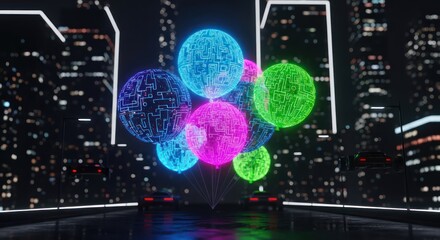 Glowing Digital Energy Spheres in a Futuristic Cityscape at Night.