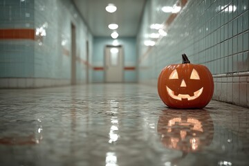 Halloween Background with Jack-O'-Lantern Pumpkin Reflecting Light in Abandoned Hallway