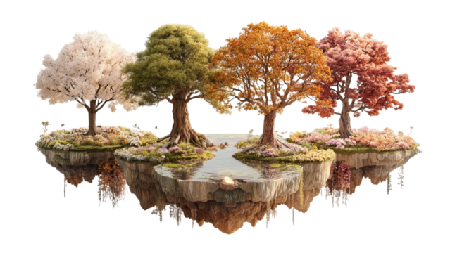 PNG of A serene imaginary landscape featuring four distinct trees in vibrant colors, reflecting on calm waters.