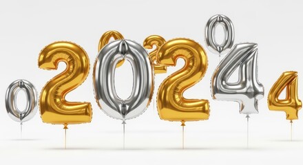 Golden and Silver 2024 Balloons for New Year Celebration.