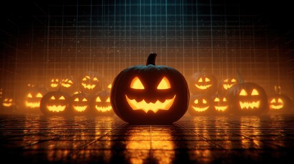 Eerie Halloween Background with Glowing Jack-O'-Lanterns in Dark Setting for Spooky Atmosphere