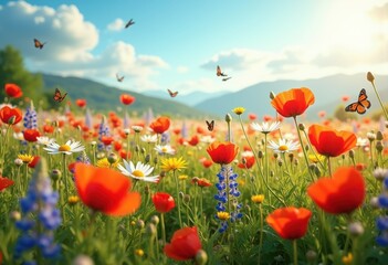 Fototapeta premium Vibrant Blooming Wildflower Field Springtime Colorful Blossoms Nature Scenery Flourishing Flora