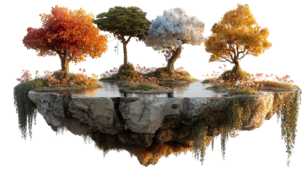 PNG of A stunning floating island featuring four vibrant trees in different seasonal hues, surrounded by serene waters.