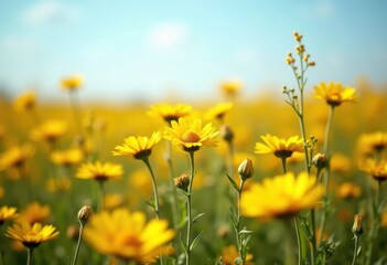 Fototapeta premium Vibrant Golden Fields of Blooming Wildflowers under a Clear Blue Sky with Soft Sunlight and Gentle Breeze