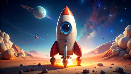 A cartoon rocket launches from a desert planet, bursting with vibrant colors against a starry night sky and cosmic landscape.