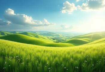 Obraz premium Vibrant Rolling Hills Agricultural Landscape with Flourishing Fields and Expansive Sky Overhead