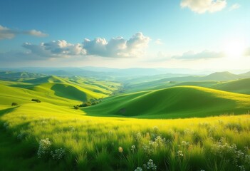 Obraz premium Vibrant Rolling Hills Agricultural Landscape with Flourishing Fields and Expansive Sky Overhead