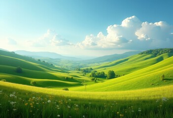 Obraz premium Vibrant Rolling Hills Agricultural Landscape with Flourishing Fields and Expansive Sky Overhead