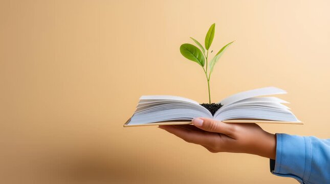 Human hand holding open book with green plant growing from pages and soil symbolizing growth and human resource management concept