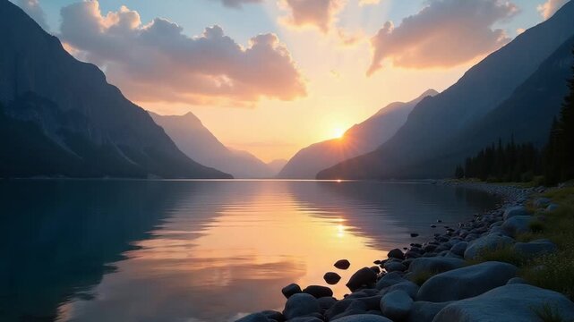 Scenic Lake View at Sunset with Mountains