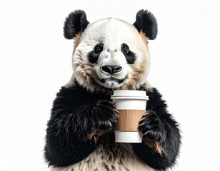 Obraz premium Panda Bear Enjoying Coffee Break on White Background.