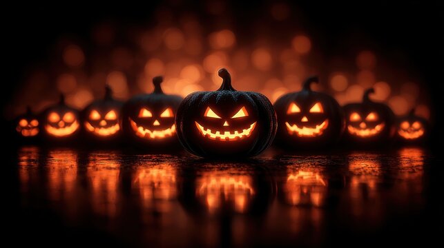 Spooky Halloween Background with Glowing Jack-O'-Lanterns Illuminating the Night in a Dark and Atmospheric Setting