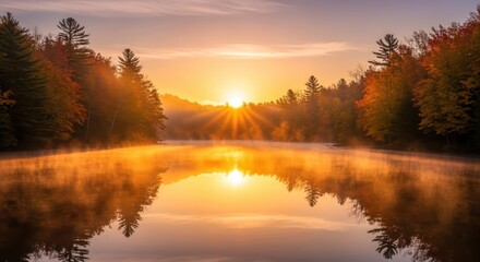 Golden Sunrise Over Misty Lake with Forest Reflection.