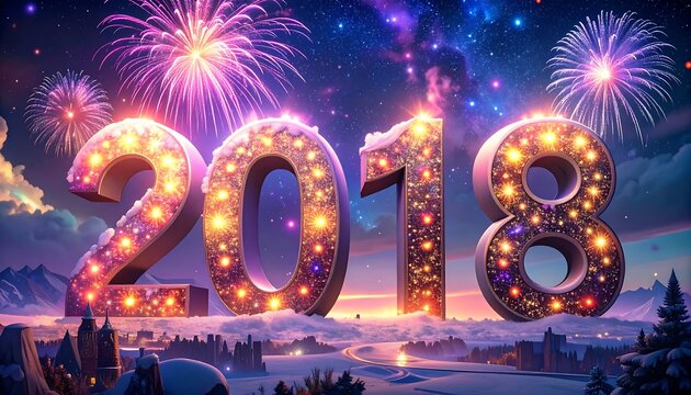 Festive New Year's Eve scene with glowing 2018