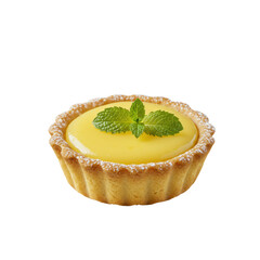 Perfectly baked mini lemon tart with golden-brown crust, vibrant yellow filling, powdered sugar, fresh mint leaf on white plate, transparent background, gourmet food concept