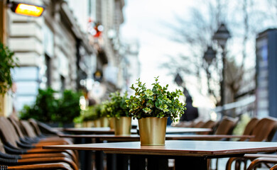 A table in a cafe against the backdrop of a city landscape