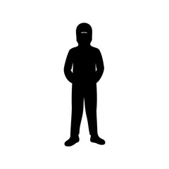 Full body silhouette of a person with a covered face and head