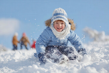 joyful child gleefully rides sled down snowy hill their laughter echoing through winter air