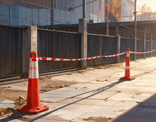 A walkway lined with orange traffic cones and a white-red caution tape, bordered by a dark metal fence, bathed in sunlight.