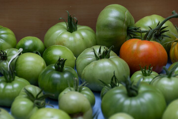 Green tomatoes, the concept of healthy food, organic farming, home-made preserves and natural kitchen ingredients.