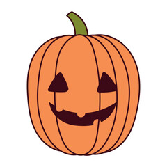 Halloween pumpkin, jack o lantern with carved face, isolated on transparent. Hand drawn line vector illustration. Funny cartoon character. Traditional holiday design element, clip art