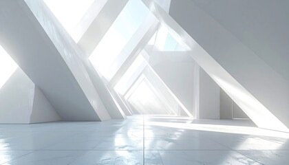 A sun-drenched, minimalist interior space features a series of angled, white supports, creating a striking architectural perspective.
