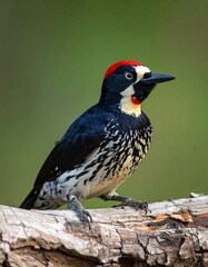 Fototapeta premium Close-up of a magnificent woodpecker perched on a weathered log, showcasing its vibrant black, white, and red plumage against a blurred green background.