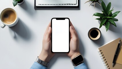 Hands Holding Smartphone for UI Mockup on Clean Modern Desk

