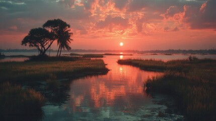 Serene Sunset Over a Wetland with Trees and Reflected Sky