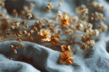 Dried flowers on light blue fabric background, vintage style