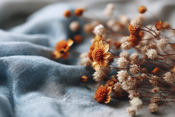 Dried flowers on light blue fabric background, vintage style