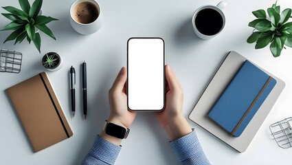 Minimalist Top View Workspace with Smartphone Mockup and Accessories
