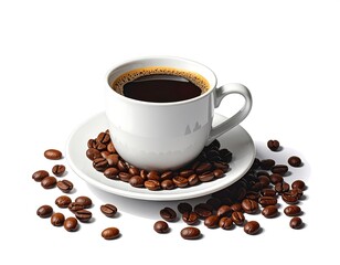 White coffee cup filled with dark coffee, surrounded by coffee beans