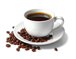 White coffee cup with coffee beans