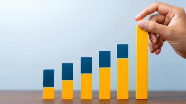Human resource management concept showing human hand placing yellow block on bar chart with growth and success in business hr strategy progress