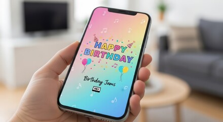 Hand holding smartphone displaying a colorful Happy Birthday message.