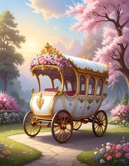 Elegant carriage in a blossoming garden