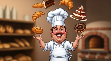 Happy Baker Juggling Fresh Bread and Pastries.