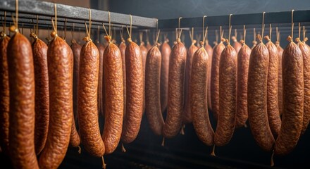 Close-up of traditional sausages hanging in rows during the smoking process in a dark smokehouse with visible smoke
