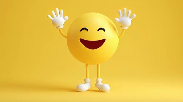 Happy 3D smiley character waving hands on yellow background. Video.
